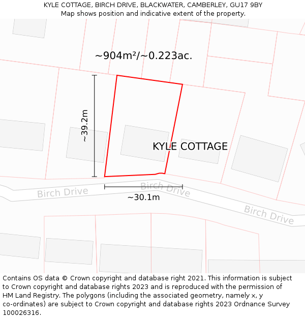 KYLE COTTAGE, BIRCH DRIVE, BLACKWATER, CAMBERLEY, GU17 9BY: Plot and title map