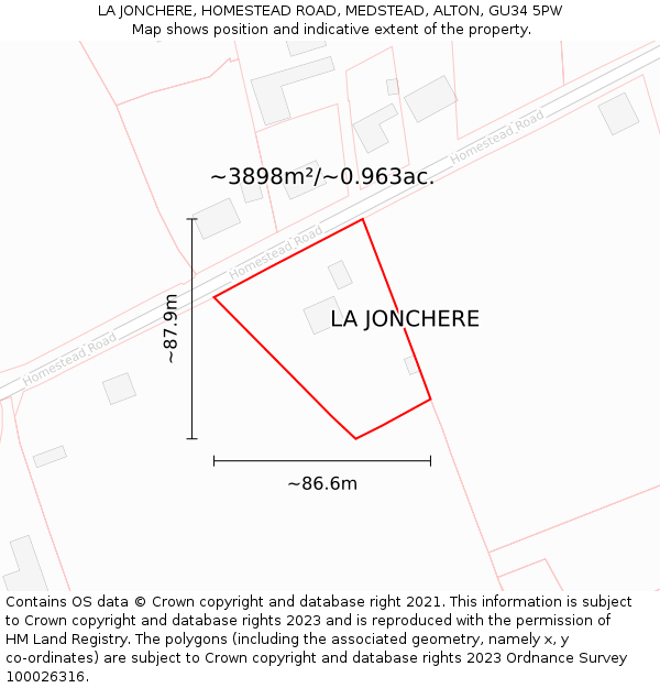 LA JONCHERE, HOMESTEAD ROAD, MEDSTEAD, ALTON, GU34 5PW: Plot and title map