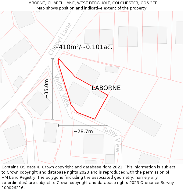 LABORNE, CHAPEL LANE, WEST BERGHOLT, COLCHESTER, CO6 3EF: Plot and title map