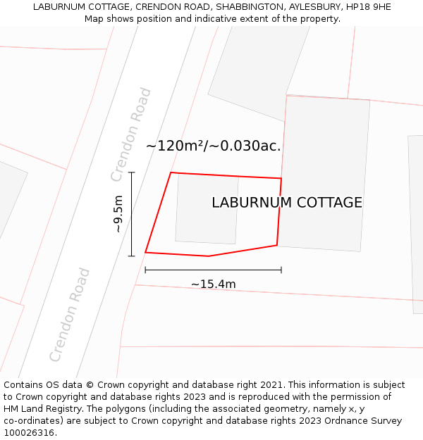 LABURNUM COTTAGE, CRENDON ROAD, SHABBINGTON, AYLESBURY, HP18 9HE: Plot and title map