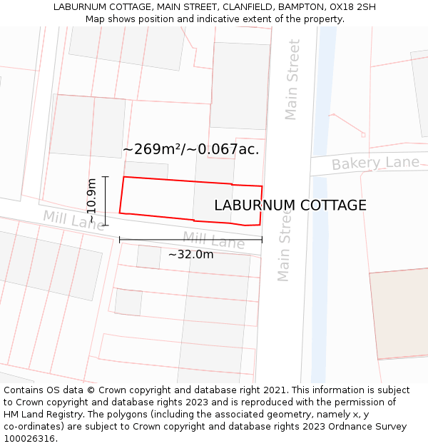 LABURNUM COTTAGE, MAIN STREET, CLANFIELD, BAMPTON, OX18 2SH: Plot and title map