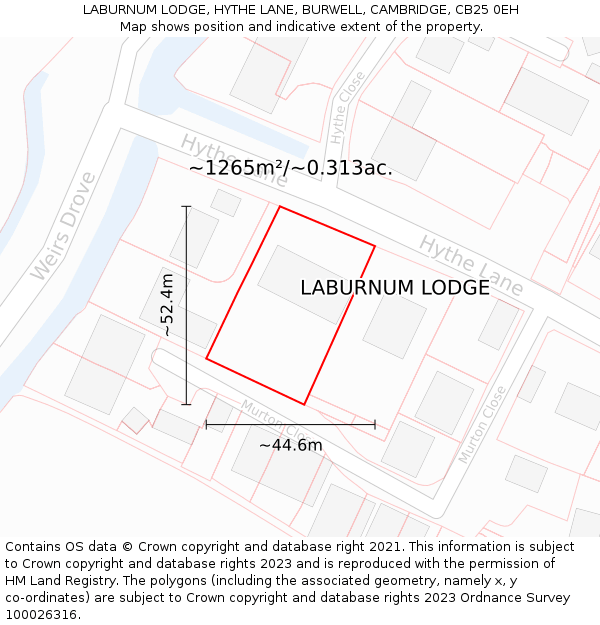 LABURNUM LODGE, HYTHE LANE, BURWELL, CAMBRIDGE, CB25 0EH: Plot and title map