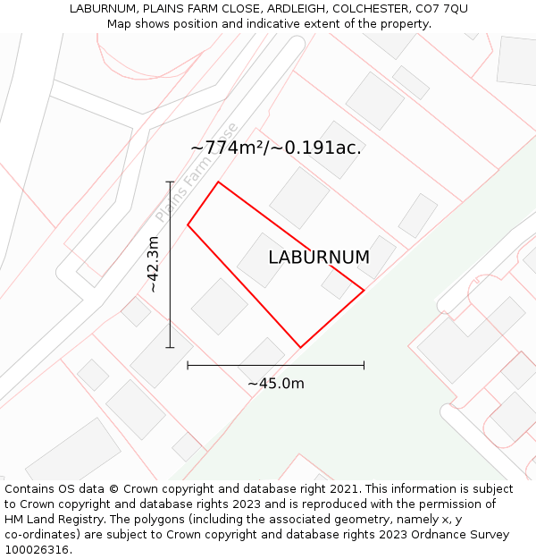 LABURNUM, PLAINS FARM CLOSE, ARDLEIGH, COLCHESTER, CO7 7QU: Plot and title map