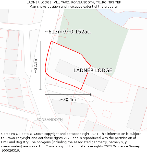 LADNER LODGE, MILL YARD, PONSANOOTH, TRURO, TR3 7EF: Plot and title map