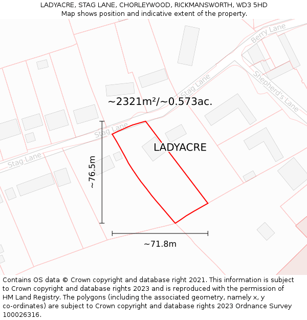 LADYACRE, STAG LANE, CHORLEYWOOD, RICKMANSWORTH, WD3 5HD: Plot and title map