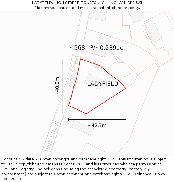 LADYFIELD, HIGH STREET, BOURTON, GILLINGHAM, SP8 5AT: Plot and title map