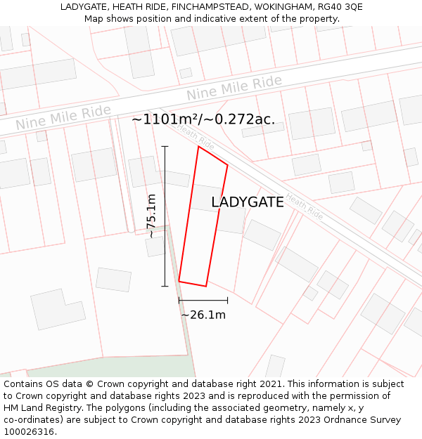 LADYGATE, HEATH RIDE, FINCHAMPSTEAD, WOKINGHAM, RG40 3QE: Plot and title map