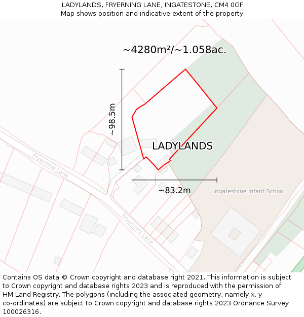 LADYLANDS, FRYERNING LANE, INGATESTONE, CM4 0GF: Plot and title map