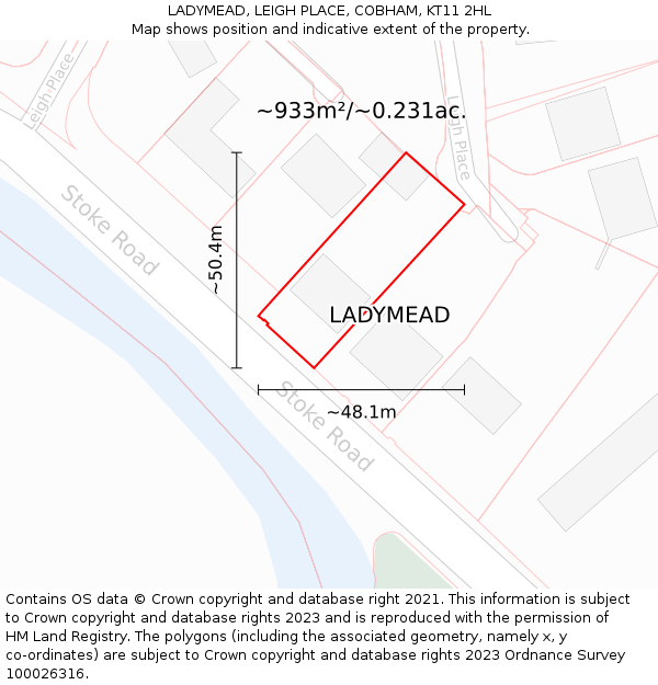 LADYMEAD, LEIGH PLACE, COBHAM, KT11 2HL: Plot and title map