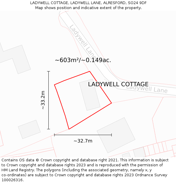 LADYWELL COTTAGE, LADYWELL LANE, ALRESFORD, SO24 9DF: Plot and title map