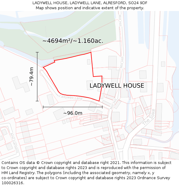 LADYWELL HOUSE, LADYWELL LANE, ALRESFORD, SO24 9DF: Plot and title map