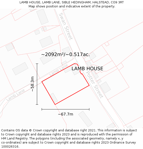 LAMB HOUSE, LAMB LANE, SIBLE HEDINGHAM, HALSTEAD, CO9 3RT: Plot and title map