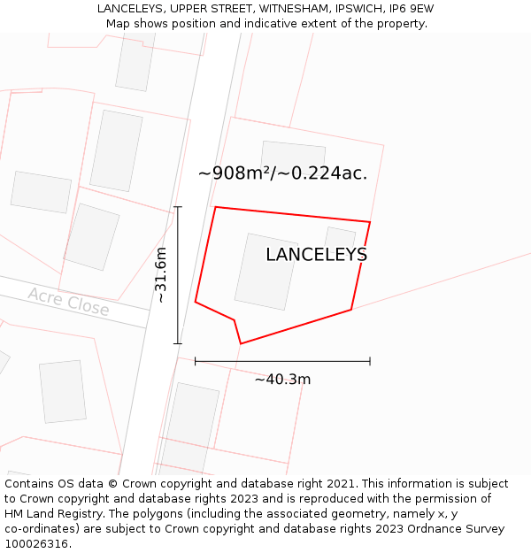 LANCELEYS, UPPER STREET, WITNESHAM, IPSWICH, IP6 9EW: Plot and title map