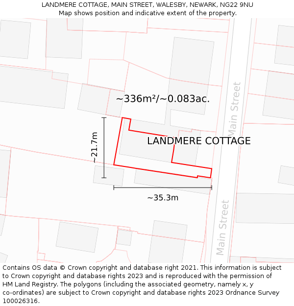 LANDMERE COTTAGE, MAIN STREET, WALESBY, NEWARK, NG22 9NU: Plot and title map