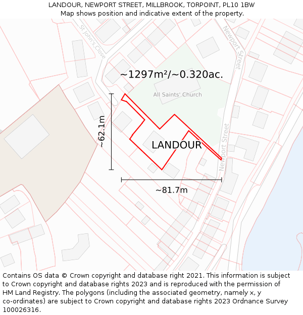 LANDOUR, NEWPORT STREET, MILLBROOK, TORPOINT, PL10 1BW: Plot and title map