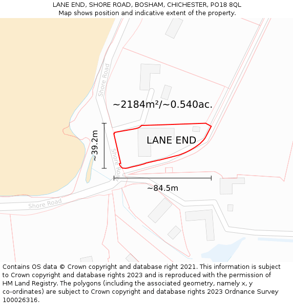 LANE END, SHORE ROAD, BOSHAM, CHICHESTER, PO18 8QL: Plot and title map