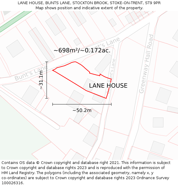 LANE HOUSE, BUNTS LANE, STOCKTON BROOK, STOKE-ON-TRENT, ST9 9PR: Plot and title map