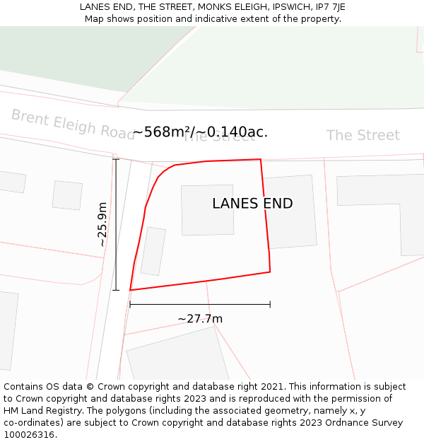 LANES END, THE STREET, MONKS ELEIGH, IPSWICH, IP7 7JE: Plot and title map