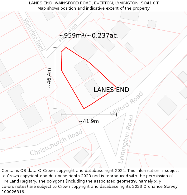 LANES END, WAINSFORD ROAD, EVERTON, LYMINGTON, SO41 0JT: Plot and title map