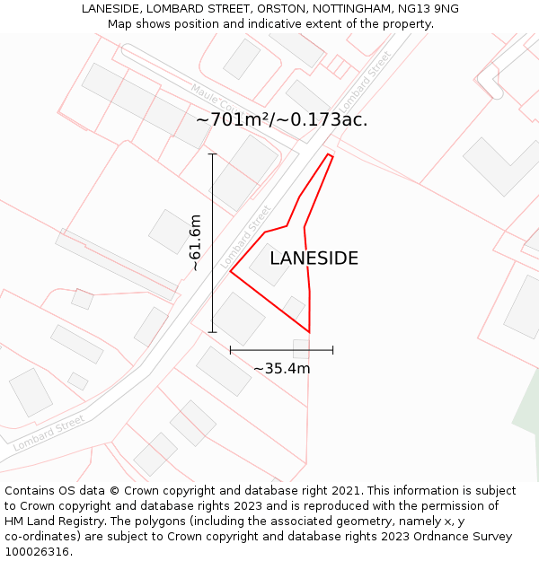 LANESIDE, LOMBARD STREET, ORSTON, NOTTINGHAM, NG13 9NG: Plot and title map