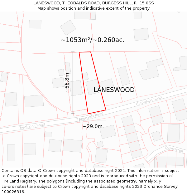 LANESWOOD, THEOBALDS ROAD, BURGESS HILL, RH15 0SS: Plot and title map