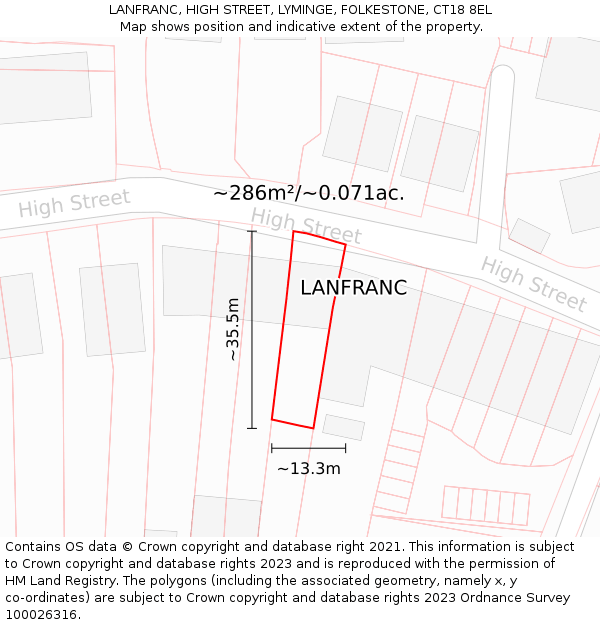 LANFRANC, HIGH STREET, LYMINGE, FOLKESTONE, CT18 8EL: Plot and title map