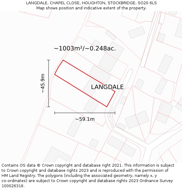 LANGDALE, CHAPEL CLOSE, HOUGHTON, STOCKBRIDGE, SO20 6LS: Plot and title map