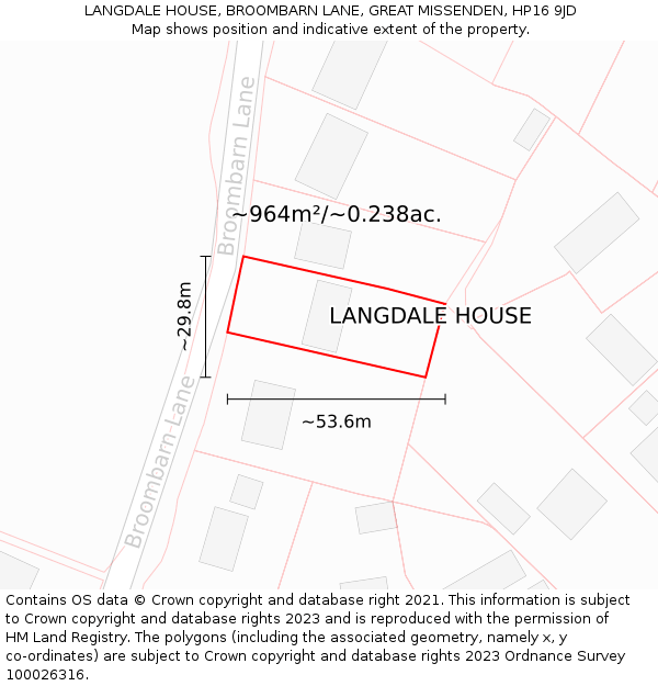 LANGDALE HOUSE, BROOMBARN LANE, GREAT MISSENDEN, HP16 9JD: Plot and title map