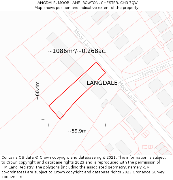 LANGDALE, MOOR LANE, ROWTON, CHESTER, CH3 7QW: Plot and title map