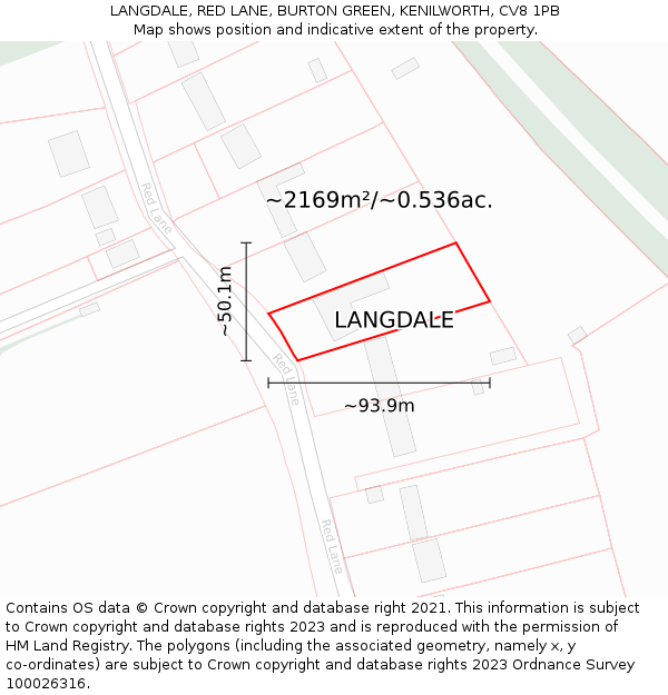 LANGDALE, RED LANE, BURTON GREEN, KENILWORTH, CV8 1PB: Plot and title map