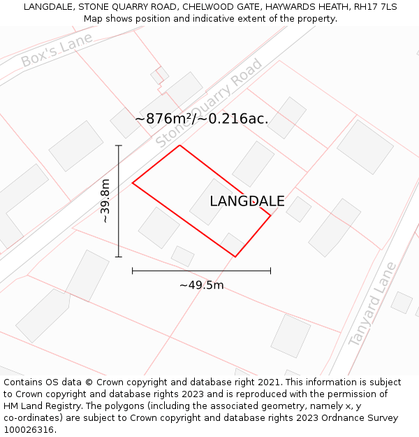 LANGDALE, STONE QUARRY ROAD, CHELWOOD GATE, HAYWARDS HEATH, RH17 7LS: Plot and title map