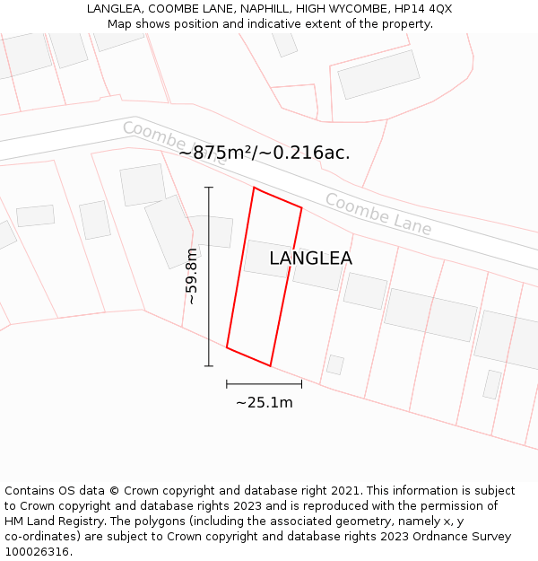 LANGLEA, COOMBE LANE, NAPHILL, HIGH WYCOMBE, HP14 4QX: Plot and title map