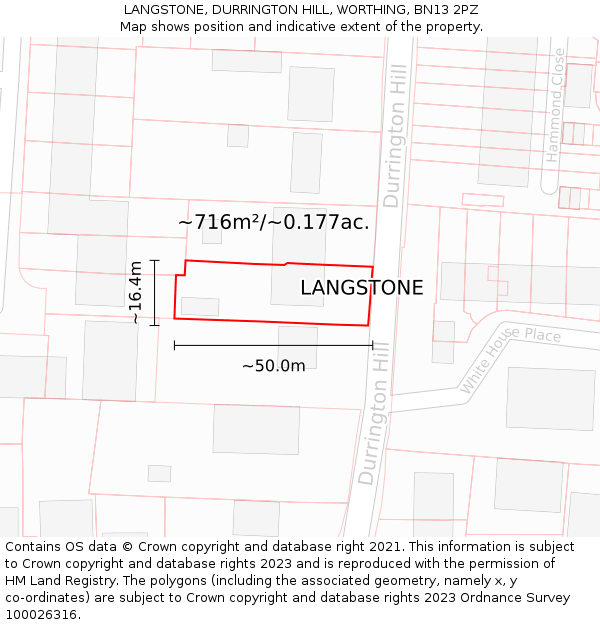 LANGSTONE, DURRINGTON HILL, WORTHING, BN13 2PZ: Plot and title map