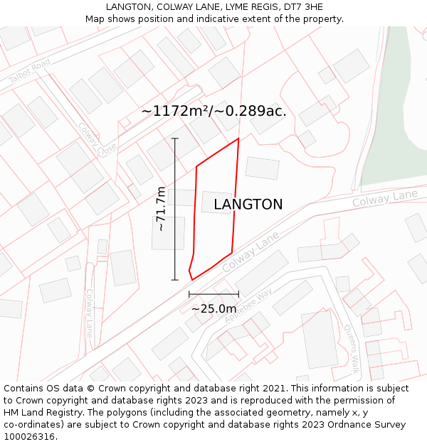 LANGTON, COLWAY LANE, LYME REGIS, DT7 3HE: Plot and title map