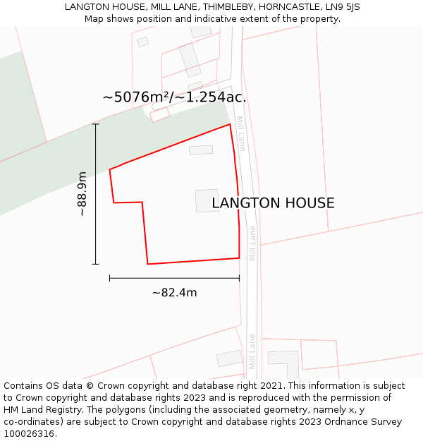 LANGTON HOUSE, MILL LANE, THIMBLEBY, HORNCASTLE, LN9 5JS: Plot and title map