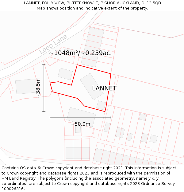 LANNET, FOLLY VIEW, BUTTERKNOWLE, BISHOP AUCKLAND, DL13 5QB: Plot and title map