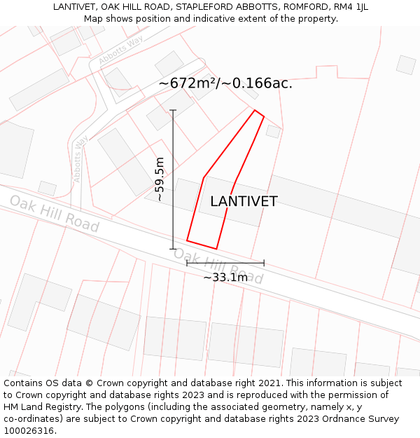 LANTIVET, OAK HILL ROAD, STAPLEFORD ABBOTTS, ROMFORD, RM4 1JL: Plot and title map