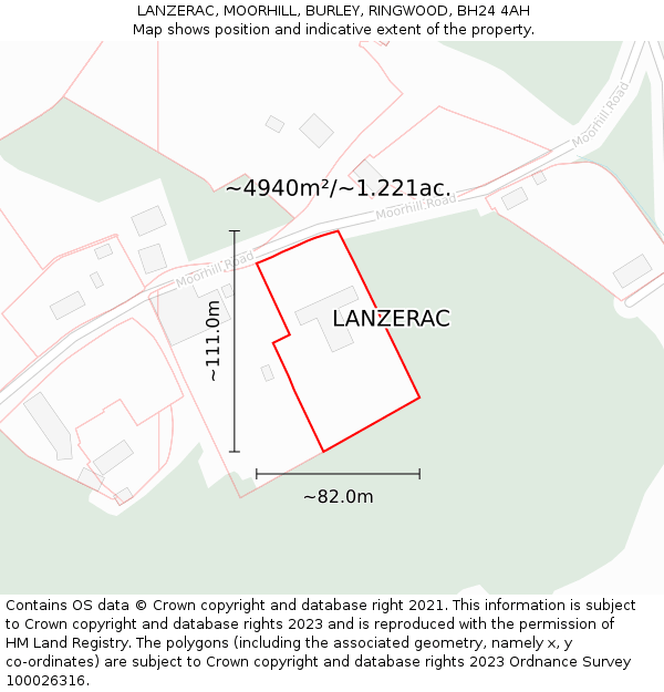 LANZERAC, MOORHILL, BURLEY, RINGWOOD, BH24 4AH: Plot and title map