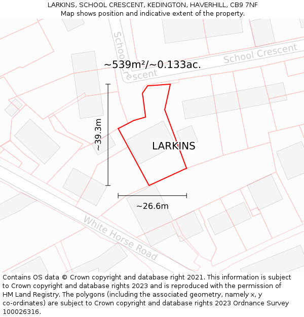 LARKINS, SCHOOL CRESCENT, KEDINGTON, HAVERHILL, CB9 7NF: Plot and title map