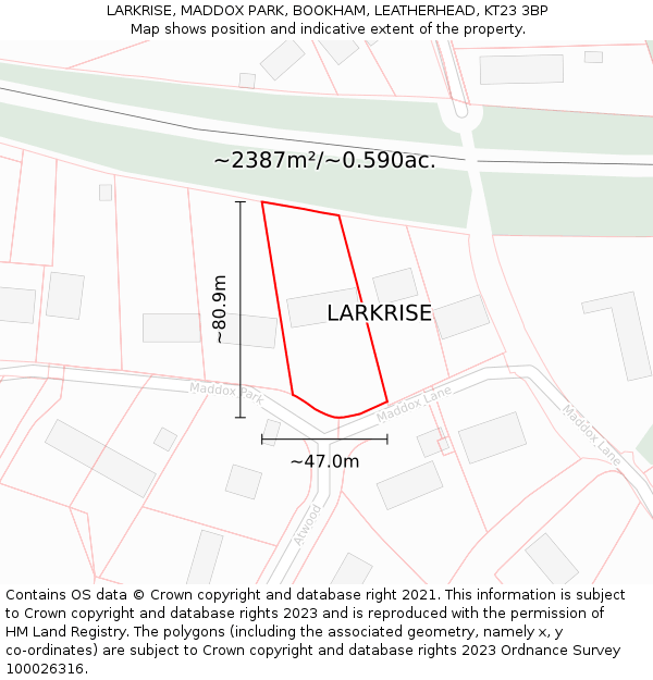 LARKRISE, MADDOX PARK, BOOKHAM, LEATHERHEAD, KT23 3BP: Plot and title map