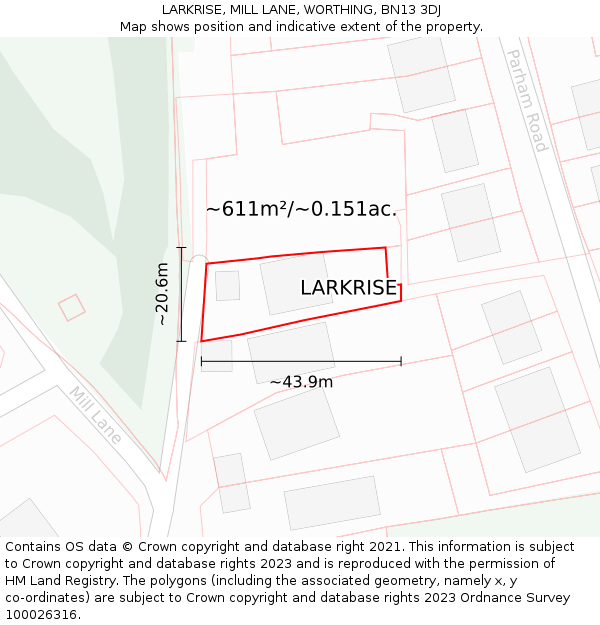 LARKRISE, MILL LANE, WORTHING, BN13 3DJ: Plot and title map