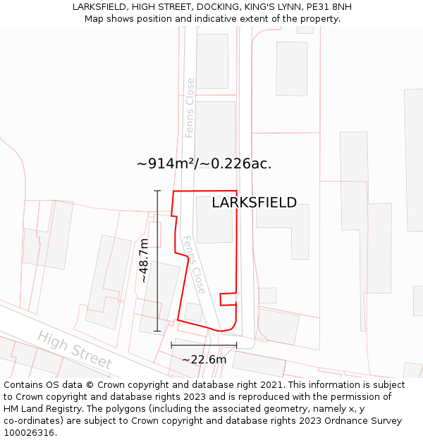 LARKSFIELD, HIGH STREET, DOCKING, KING'S LYNN, PE31 8NH: Plot and title map