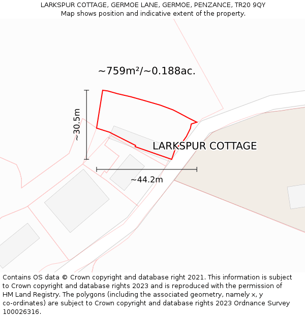 LARKSPUR COTTAGE, GERMOE LANE, GERMOE, PENZANCE, TR20 9QY: Plot and title map