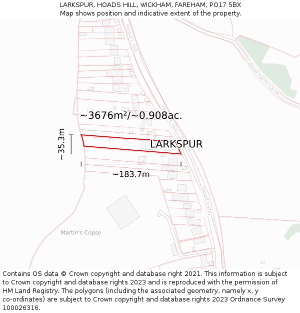 LARKSPUR, HOADS HILL, WICKHAM, FAREHAM, PO17 5BX: Plot and title map