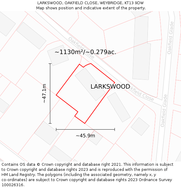 LARKSWOOD, OAKFIELD CLOSE, WEYBRIDGE, KT13 9DW: Plot and title map