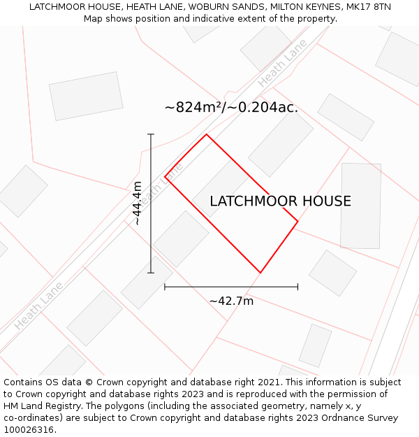 LATCHMOOR HOUSE, HEATH LANE, WOBURN SANDS, MILTON KEYNES, MK17 8TN: Plot and title map