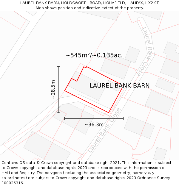 LAUREL BANK BARN, HOLDSWORTH ROAD, HOLMFIELD, HALIFAX, HX2 9TJ: Plot and title map