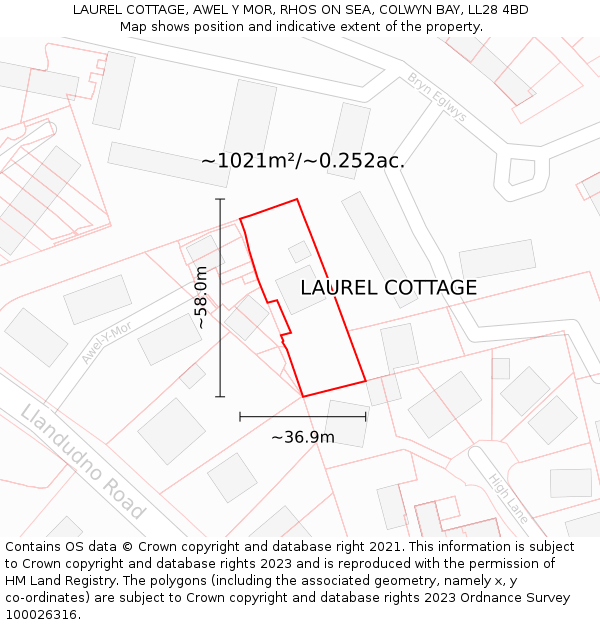 LAUREL COTTAGE, AWEL Y MOR, RHOS ON SEA, COLWYN BAY, LL28 4BD: Plot and title map