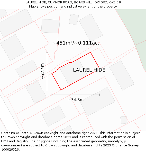 LAUREL HIDE, CUMNOR ROAD, BOARS HILL, OXFORD, OX1 5JP: Plot and title map