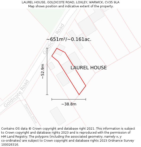 LAUREL HOUSE, GOLDICOTE ROAD, LOXLEY, WARWICK, CV35 9LA: Plot and title map